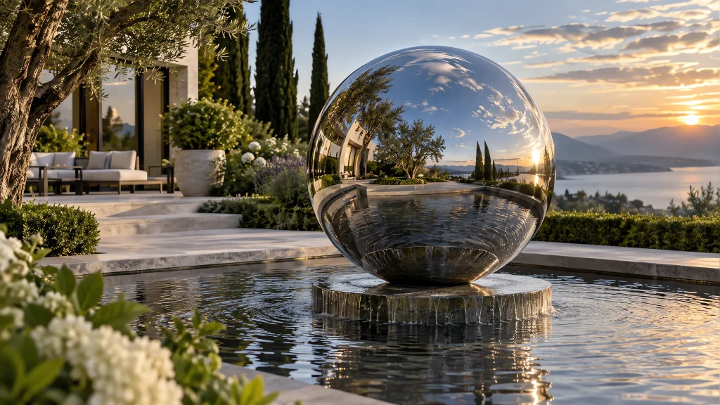 Mirror-polished stainless steel sphere in a villa garden water feature