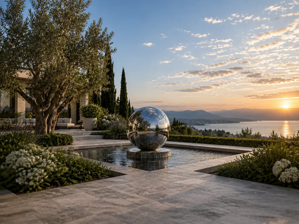 Wide establishing view of the villa-garden-sphere stainless steel sculpture in its setting