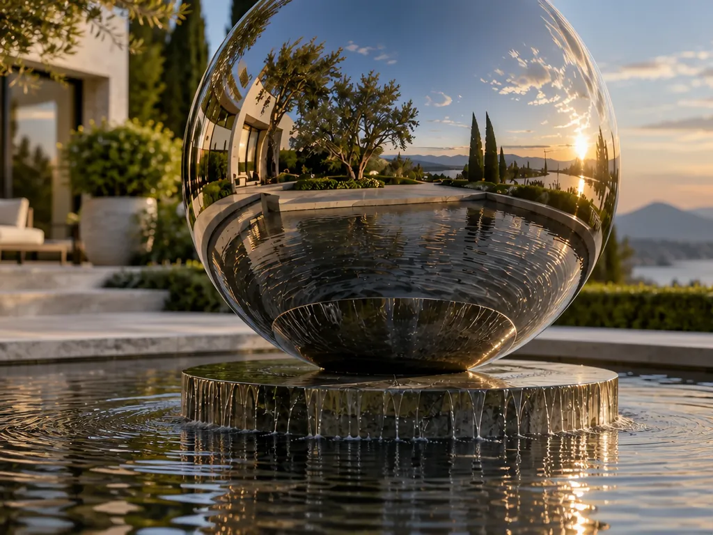 Close-up detail of the villa-garden-sphere stainless steel sculpture showing its form and finish